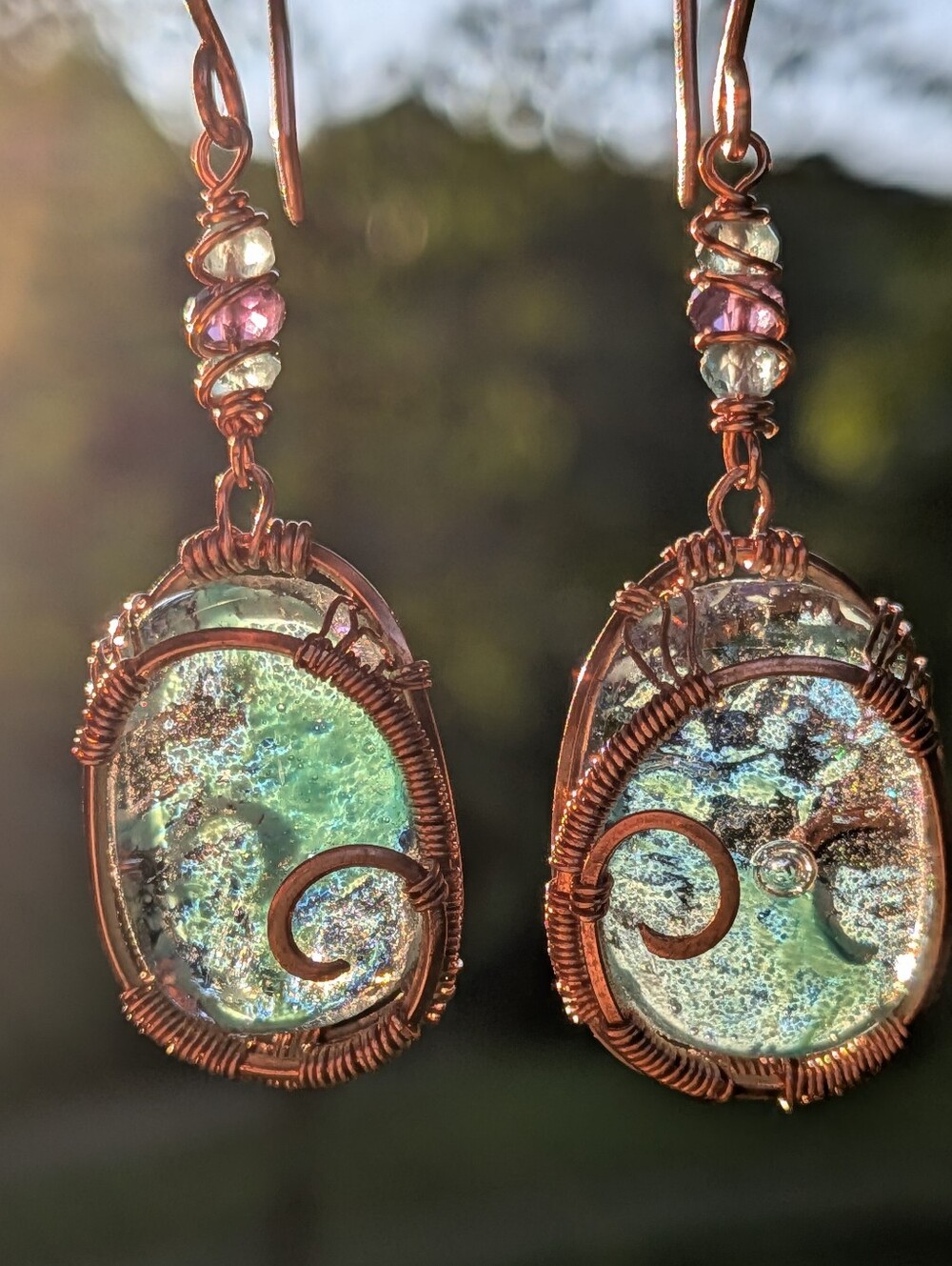 Mermaid Goddess Earrings - Artisan Dichroic Glass with Natural Gems in Copper - Picture 13 of 16